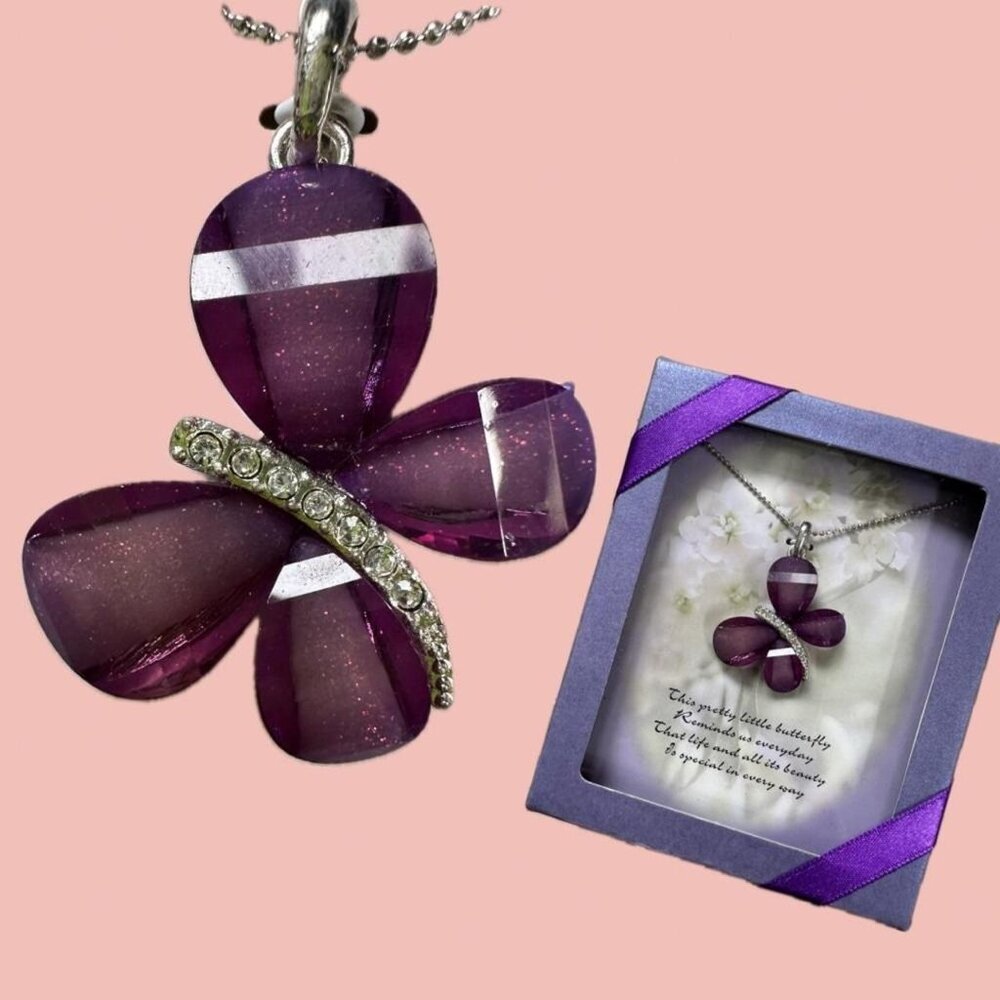 🧡 2 for 10$ NIB Y2K Butterfly Rhinestone Necklace – Purple Pendant on Silver